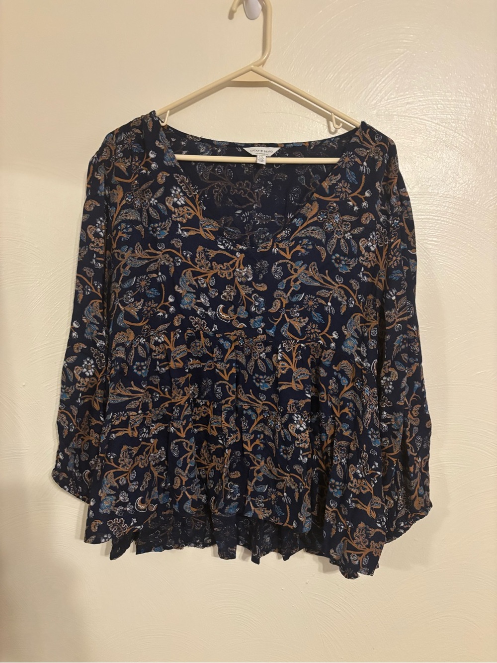 Lucky Brand Navy Floral Paisley Peplum Blouse Size L Boho
